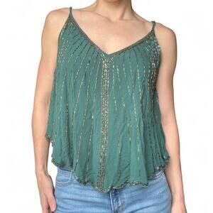 Free People Emerald Green Women’s Beaded V-neck Tank Top Size S Boho Glam